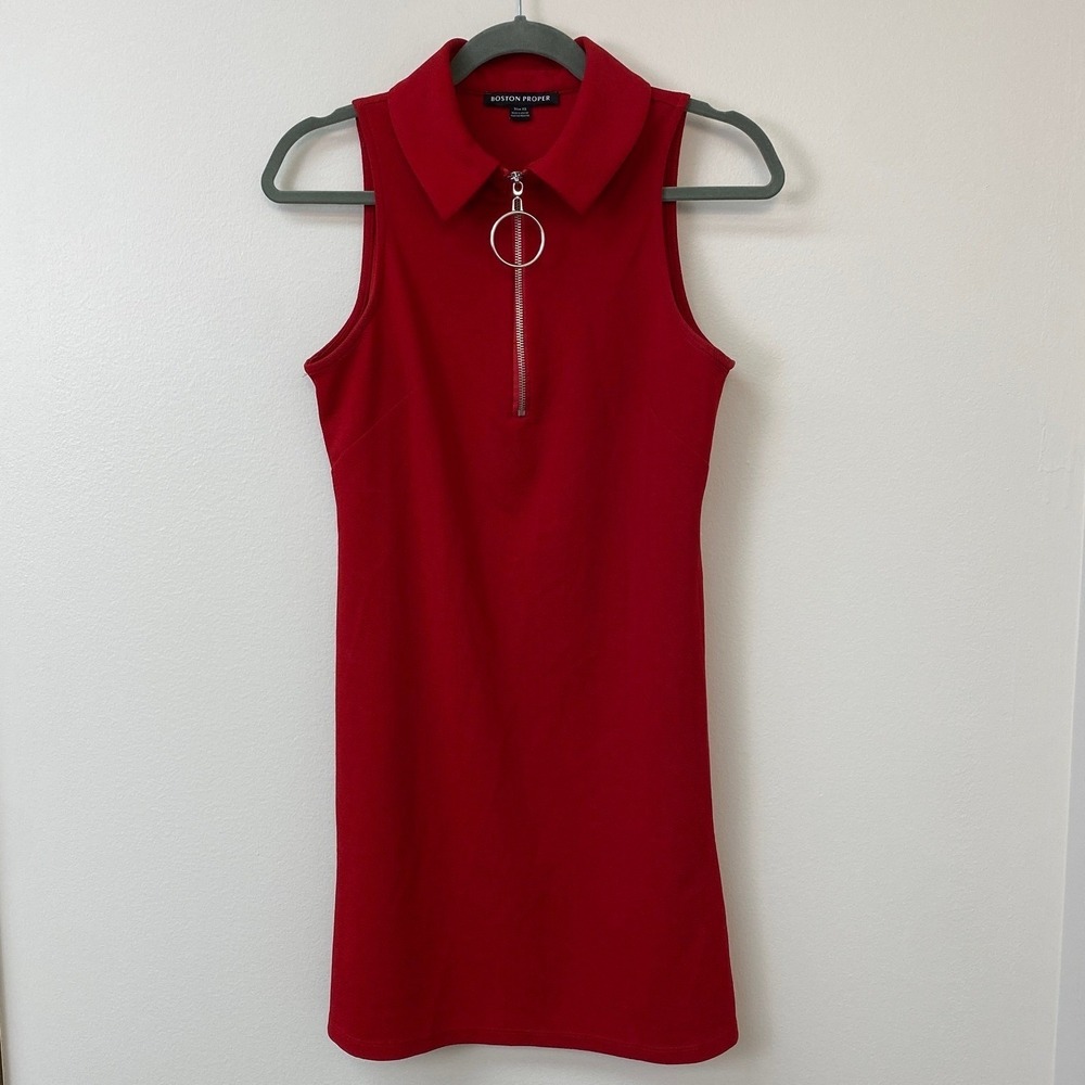 Boston Proper, Red 60's style Sleeveless O-Ring Quarter Zip Collar Mini Dress XS - Picture 2 of 8